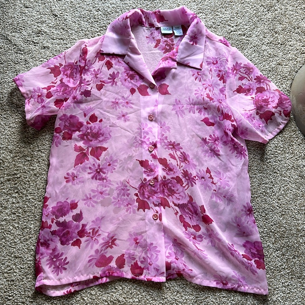 🌺 Vintage Haband Pink Floral Button-Up Blouse